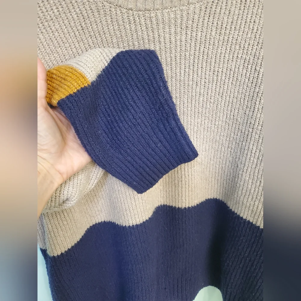 Pinque Women Knit CREWNECK PULLOEVER Sweater color Block Cardigan Large